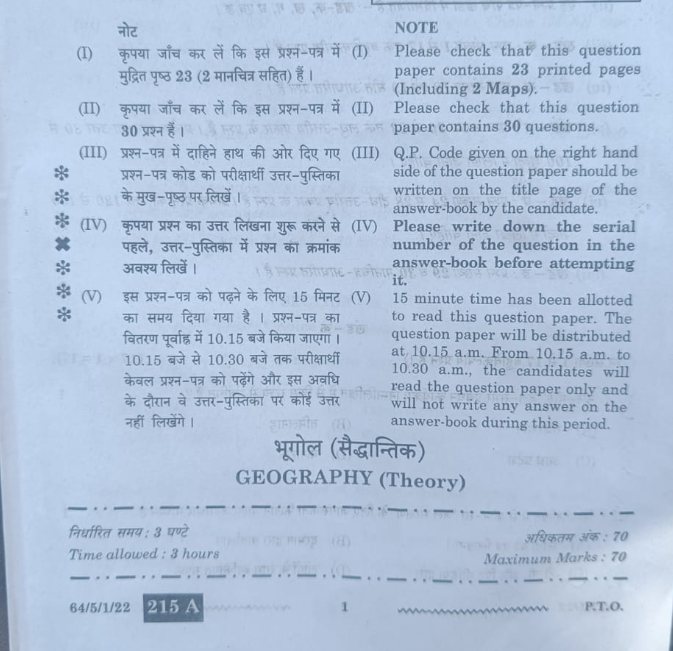 CBSE Class 12 Geography Question Paper 2024 PDF SET 1, 2, And 3